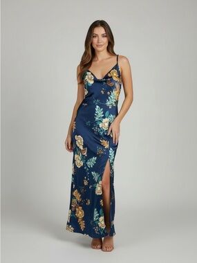 Navy Floral Cowl Neck Maxi Dress with Side Slit
